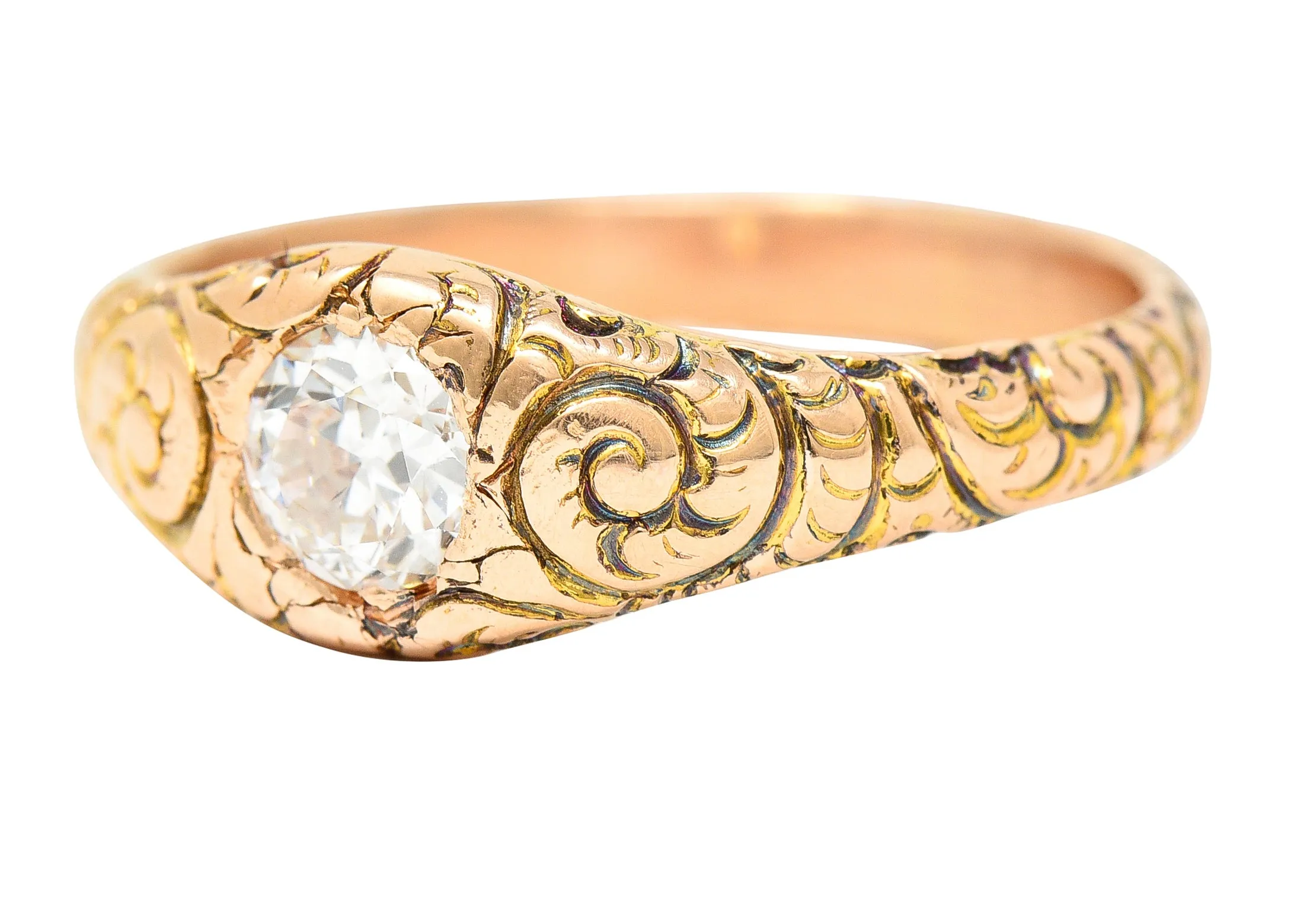 1880's Victorian 0.41 CTW Old Mine Diamond 14 Karat Yellow Gold Unisex Antique Gypsy Band Ring