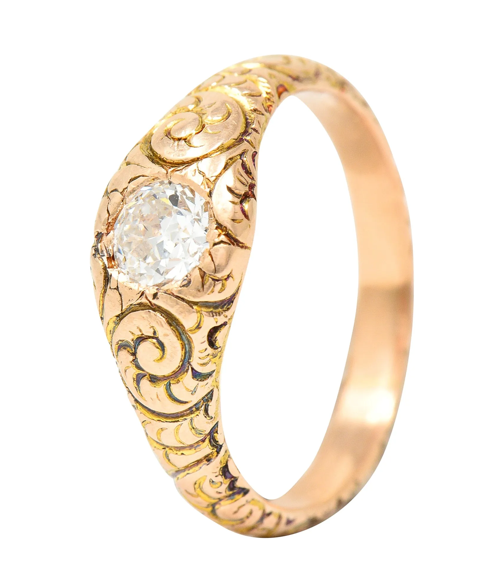 1880's Victorian 0.41 CTW Old Mine Diamond 14 Karat Yellow Gold Unisex Antique Gypsy Band Ring