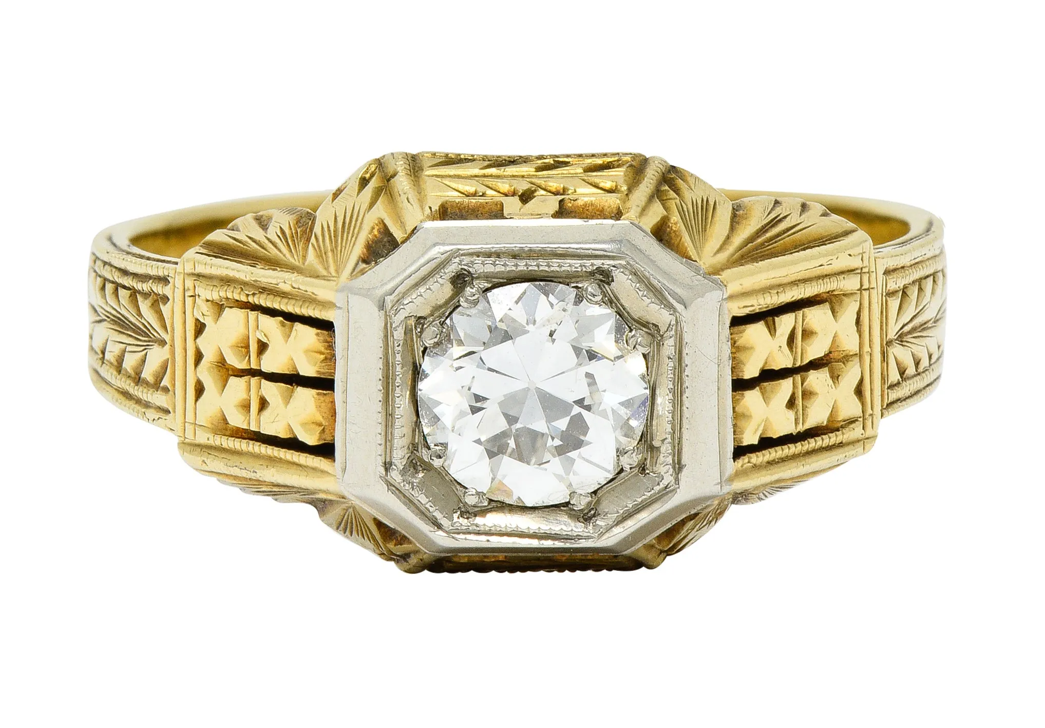 Art Deco Diamond 18 & 14 Karat Two Tone Gold Unisex Octagonal Ring