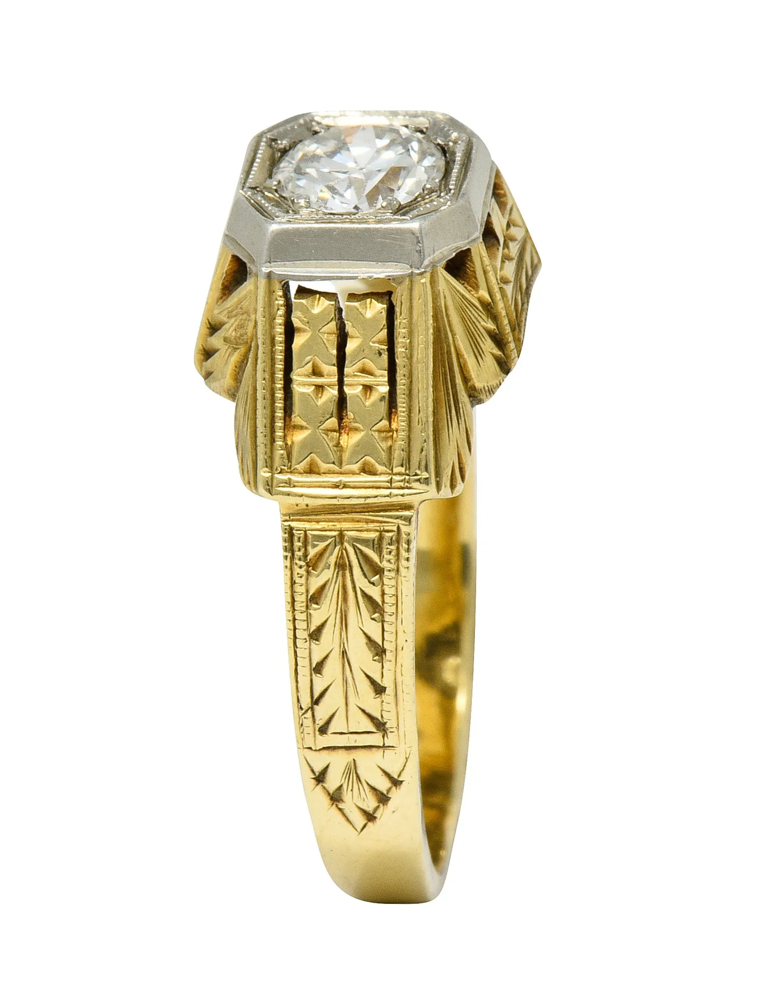 Art Deco Diamond 18 & 14 Karat Two Tone Gold Unisex Octagonal Ring