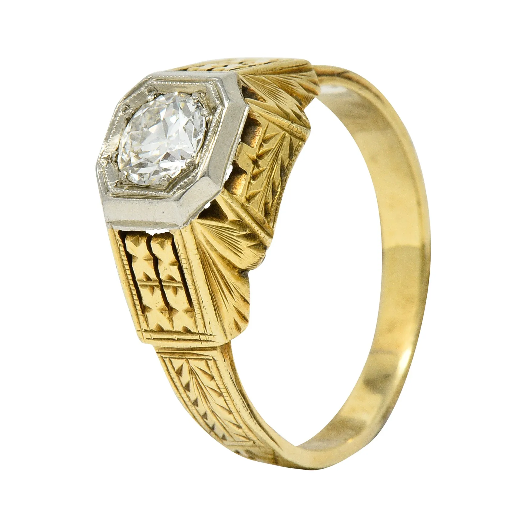 Art Deco Diamond 18 & 14 Karat Two Tone Gold Unisex Octagonal Ring