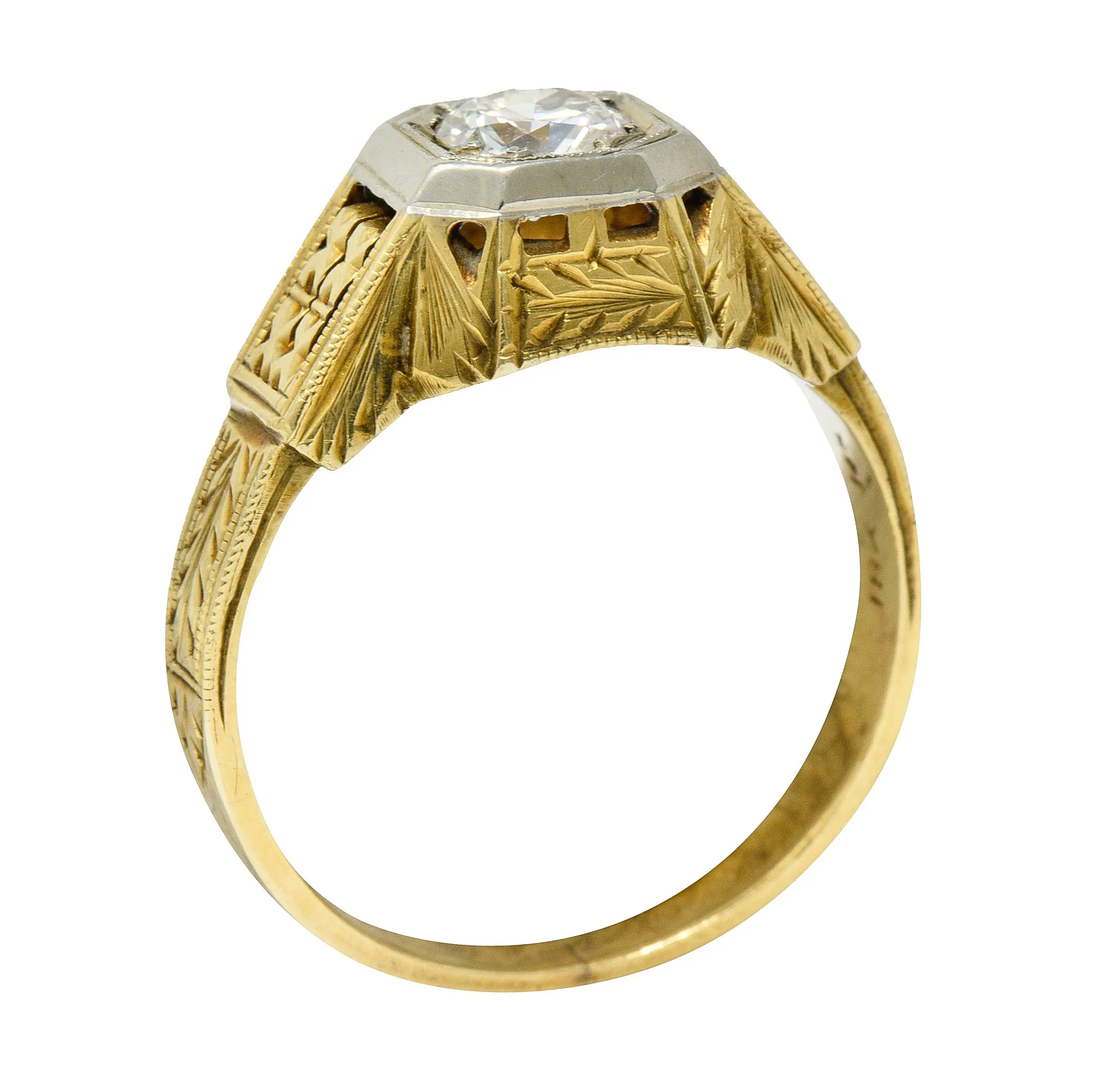 Art Deco Diamond 18 & 14 Karat Two Tone Gold Unisex Octagonal Ring