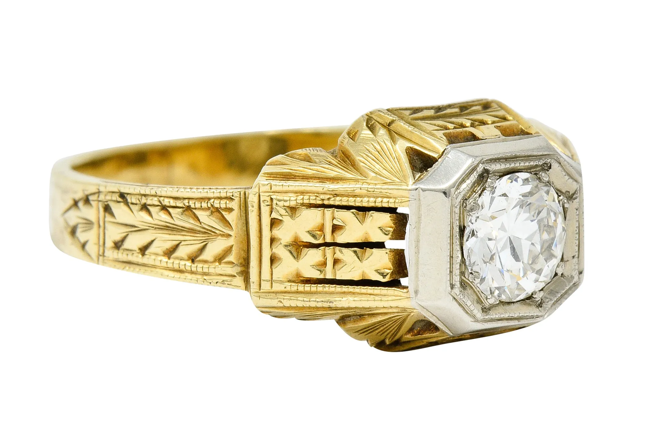 Art Deco Diamond 18 & 14 Karat Two Tone Gold Unisex Octagonal Ring