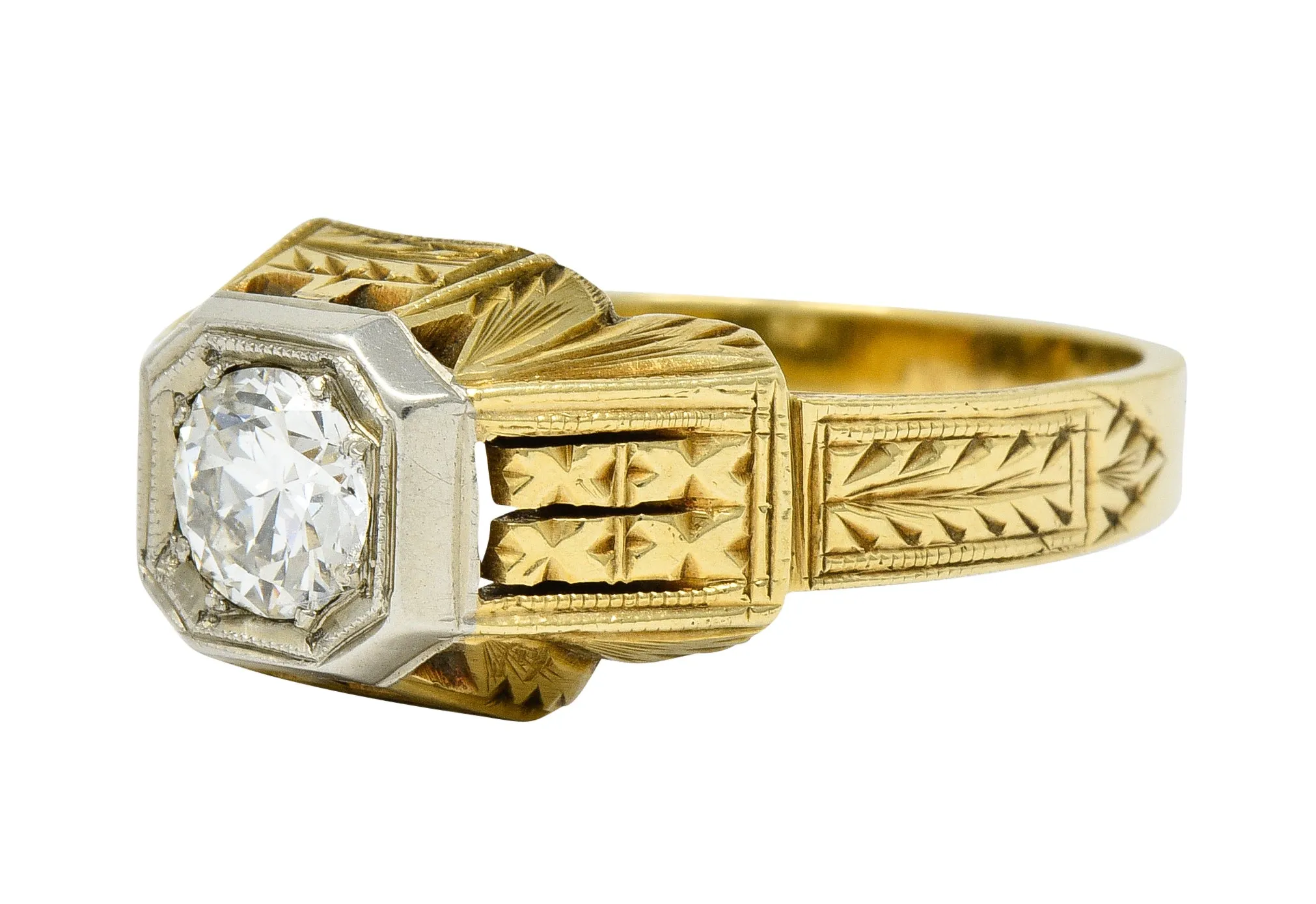 Art Deco Diamond 18 & 14 Karat Two Tone Gold Unisex Octagonal Ring