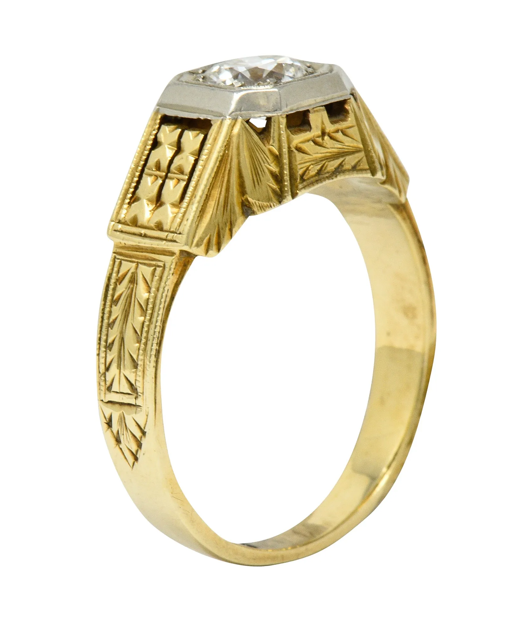 Art Deco Diamond 18 & 14 Karat Two Tone Gold Unisex Octagonal Ring