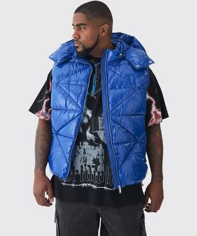 boohooMAN Mens Plus Quilted High Shine Vinyl Hooded Tank In Blue