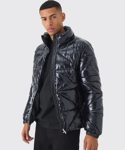 boohooMAN Mens Quilted High Shine Vinyl Funnel Neck Puffer In Black