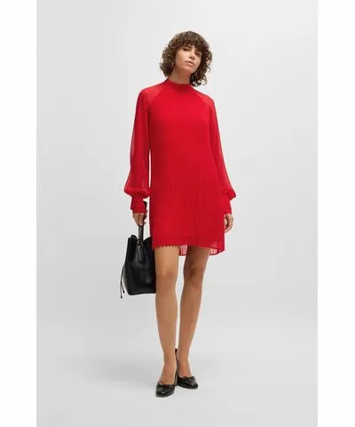 Boss High-neck dress with plissé pleats and sheer sleeves