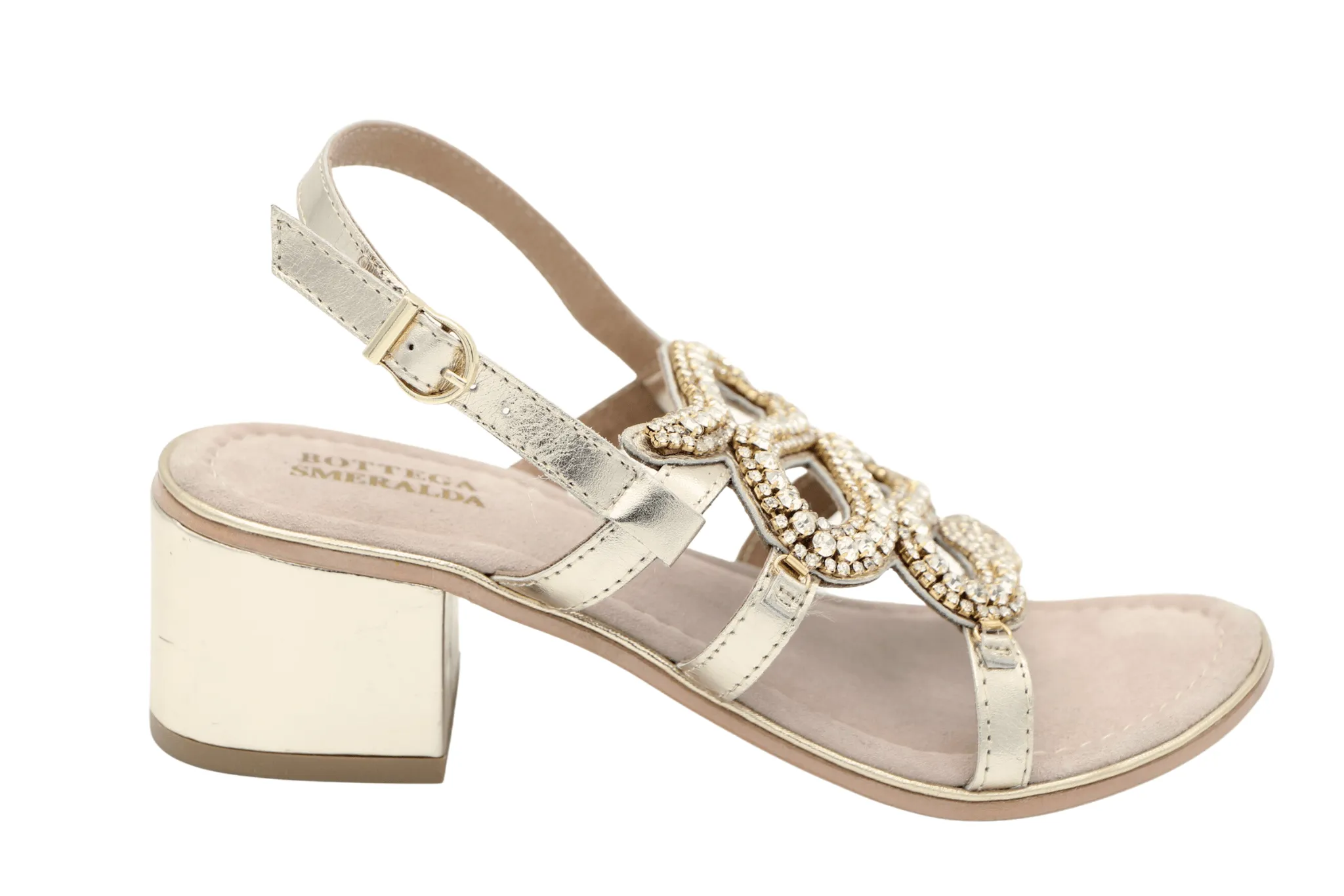 BOTTEGA Gold Leather Embellished Block Heel Sandal