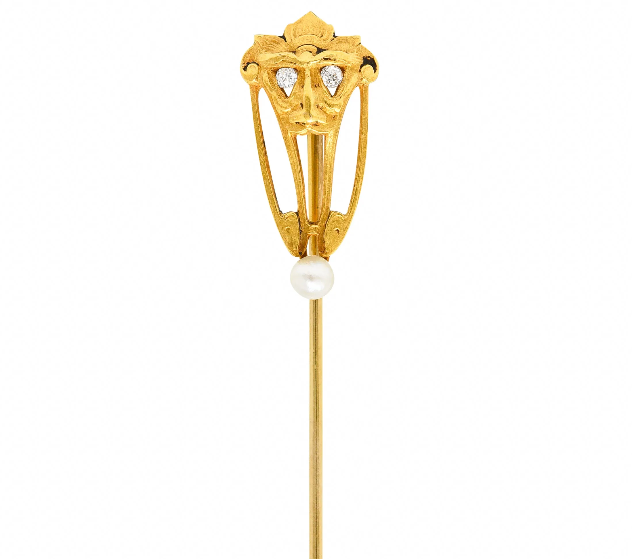 Brassler Co. Art Nouveau Diamond Pearl 14 Karat Yellow Gold Greenman Antique Unisex Stickpin