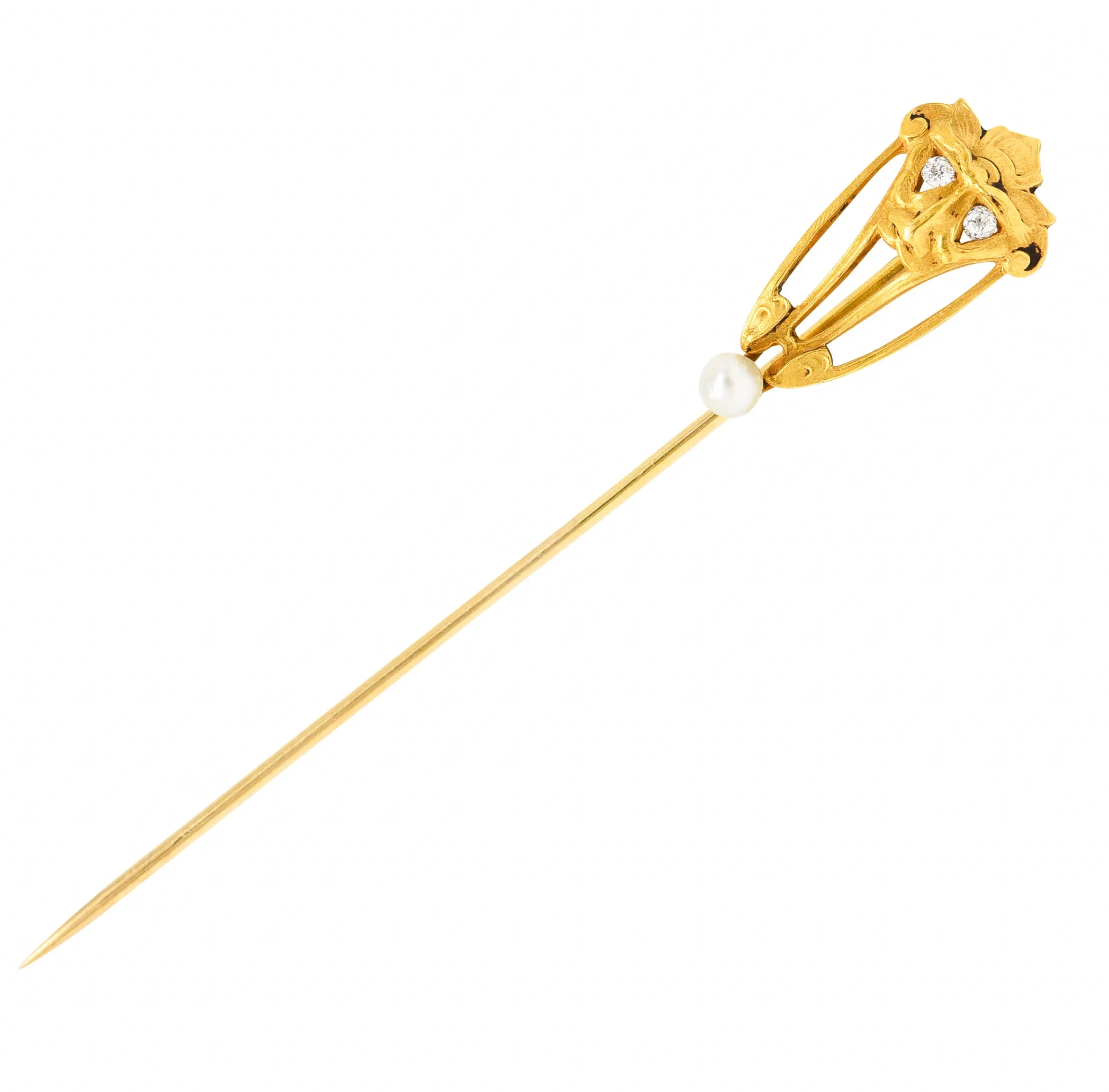 Brassler Co. Art Nouveau Diamond Pearl 14 Karat Yellow Gold Greenman Antique Unisex Stickpin