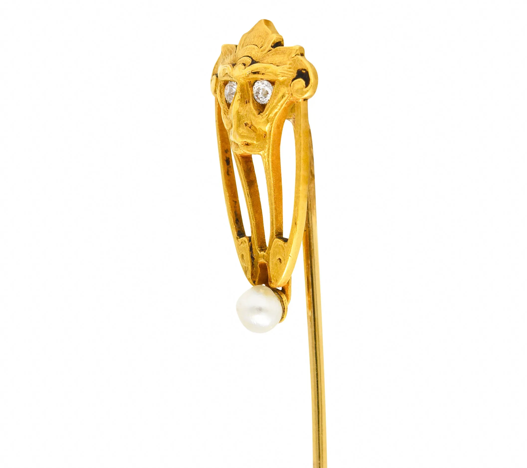 Brassler Co. Art Nouveau Diamond Pearl 14 Karat Yellow Gold Greenman Antique Unisex Stickpin