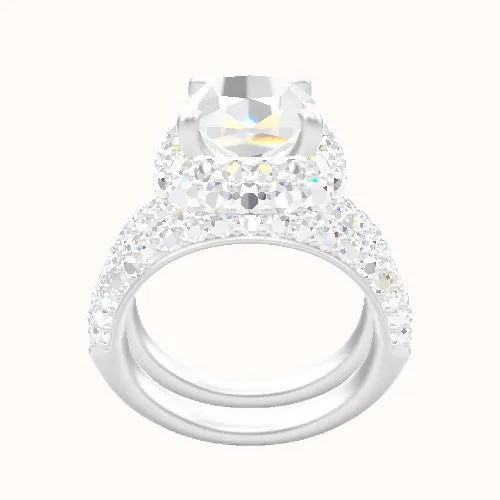 Cathedral Three Row Pave Engagement Ring With Low Set Waterfall Halo Head and Matching Band