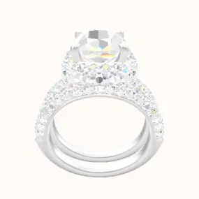 Cathedral Three Row Pave Engagement Ring With Low Set Waterfall Halo Head and Matching Band