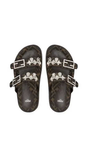 Fendi Feel Slide  Sandal with Rhinestones - Brown/Black