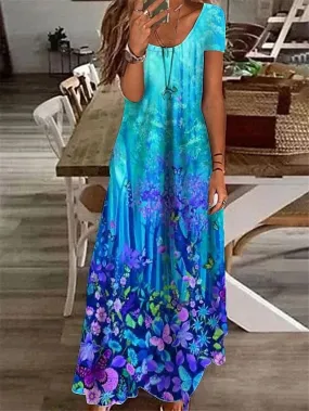 Floral Print Shift Maxi Dress with Short Sleeves for Women