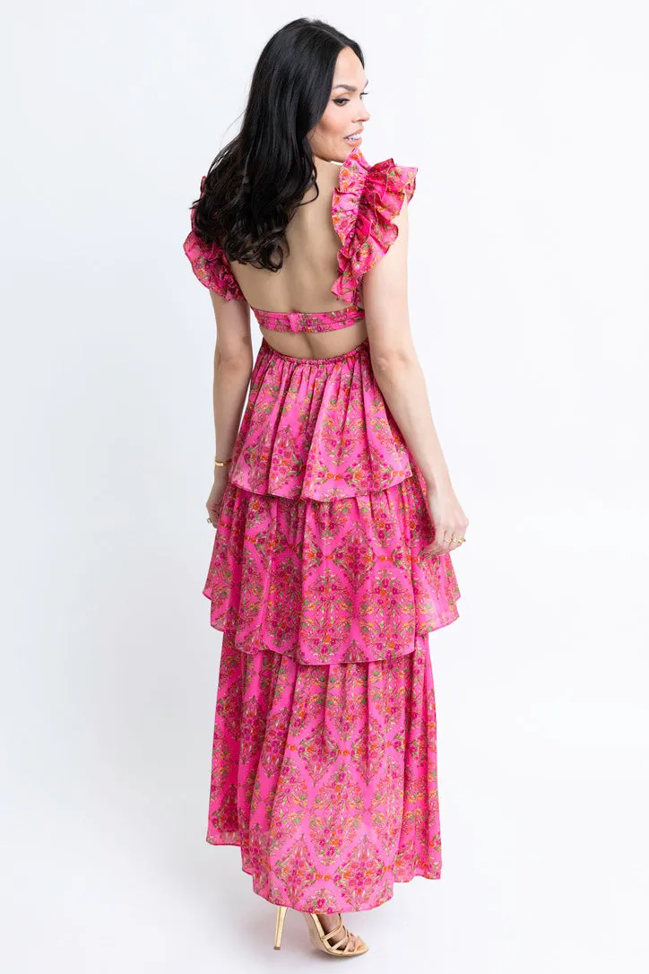 Floral Satin Ruffle Maxi Dress