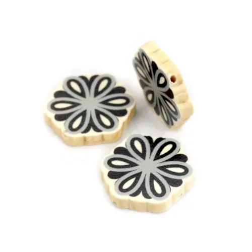 Flower Wood Beads, Printed, Black, Grey, 28mm