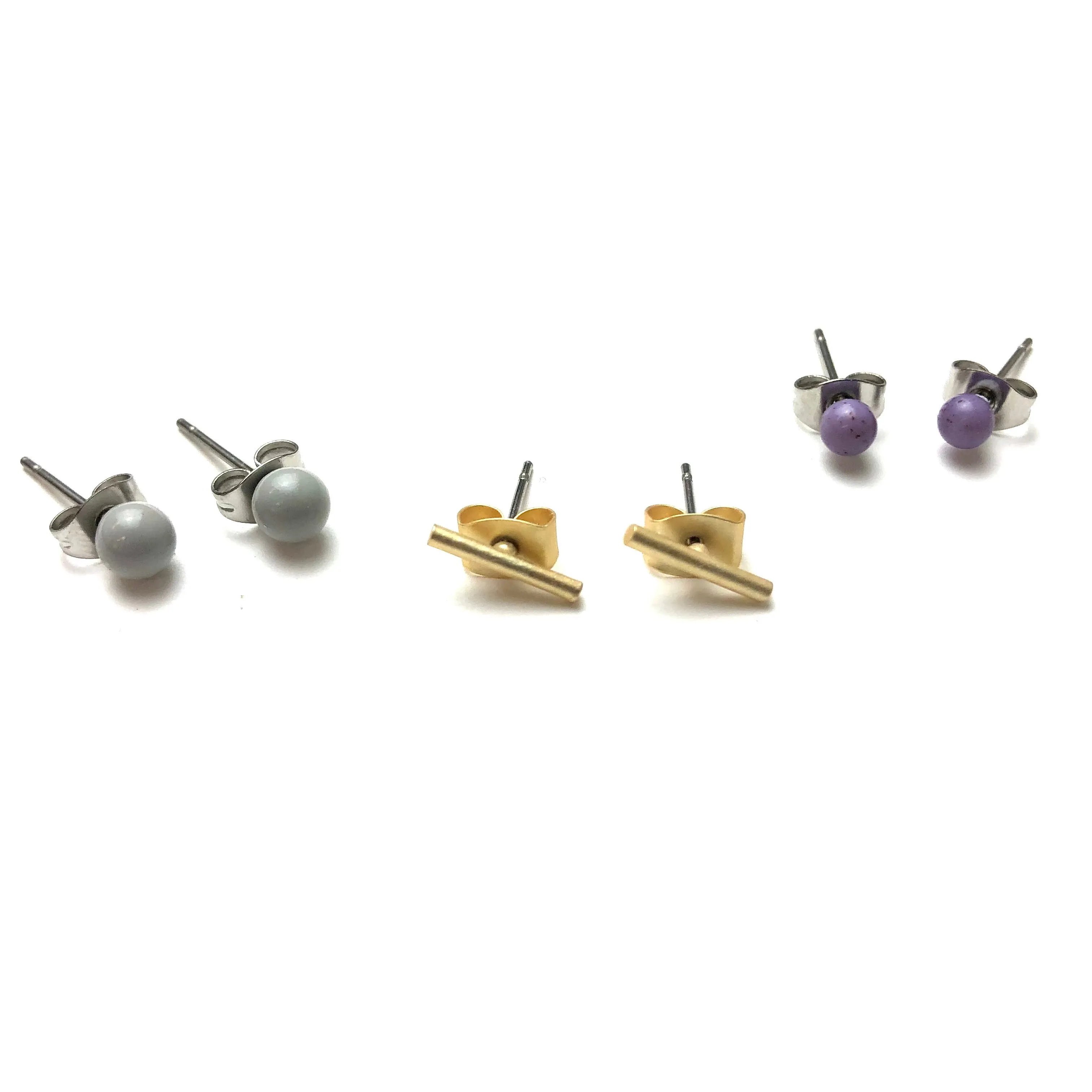 Grey Gold Bars & Lavender Tiny Geo Stud Earrings Set