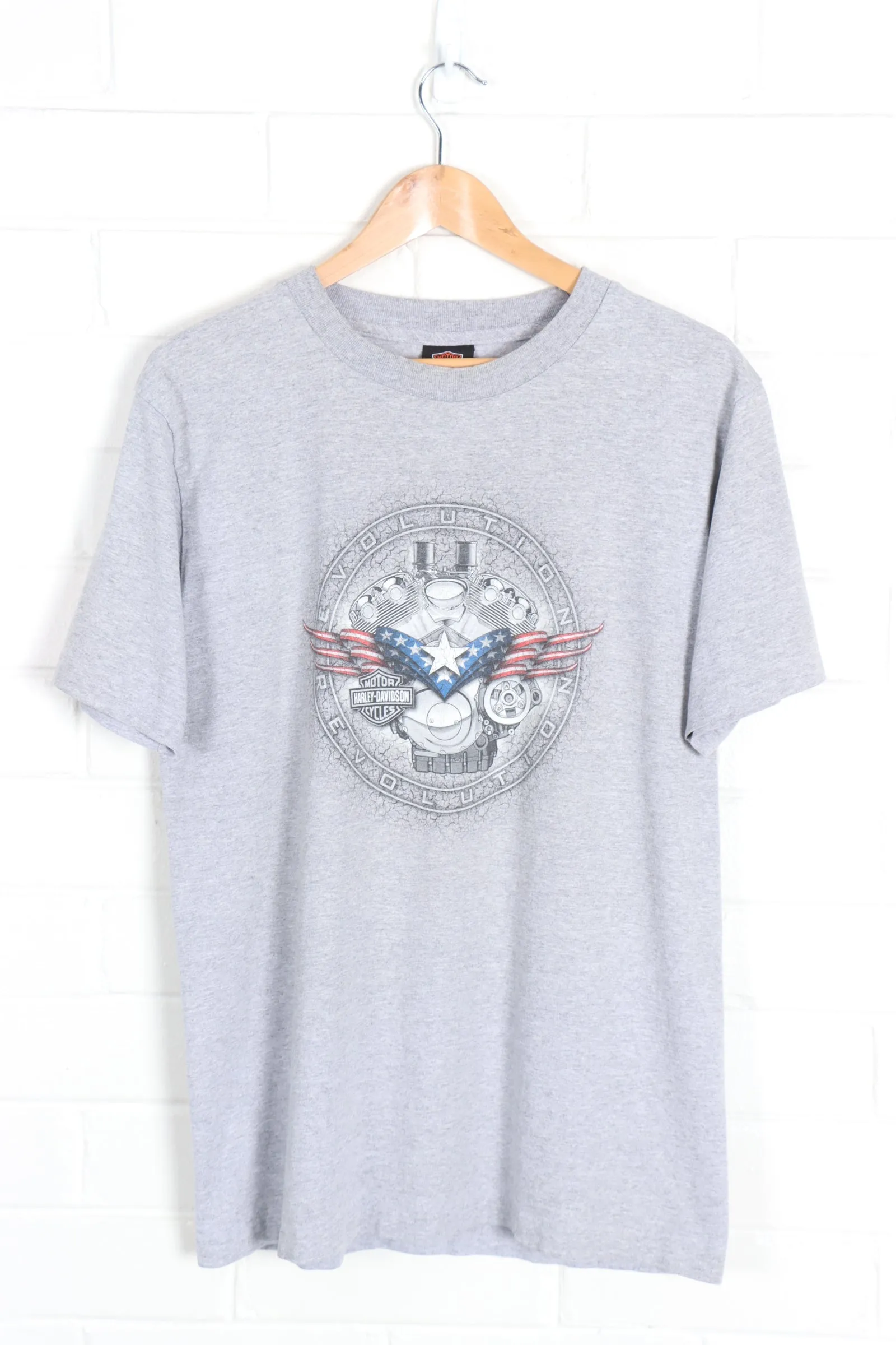 HARLEY DAVIDSON 'Evolution Revolution' Engine & Flag USA Made Tee (M-L)