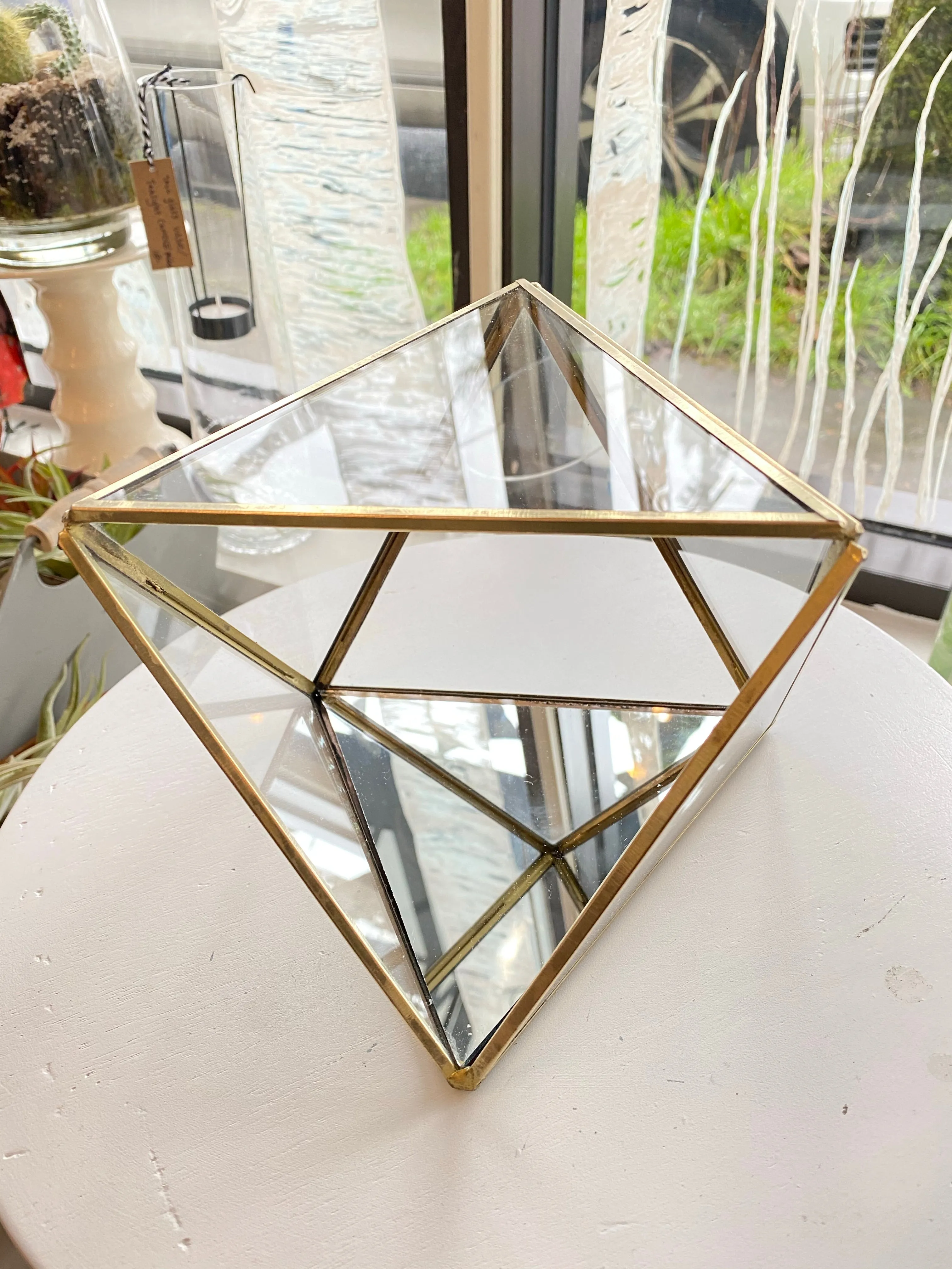 Heptahedron Gold Metal Geometric Glass Terrarium, Multipurpose Air Plants Holder