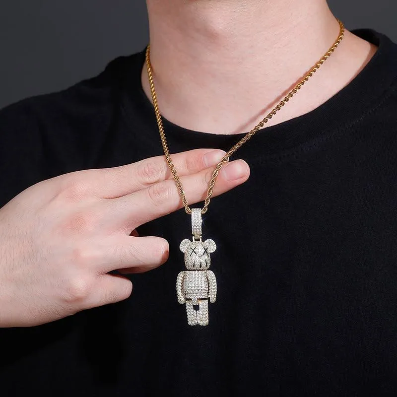 Hip Hop Unisex Iced-out Bling CZ Stone Cartoon Bear Doll Pendant Necklace