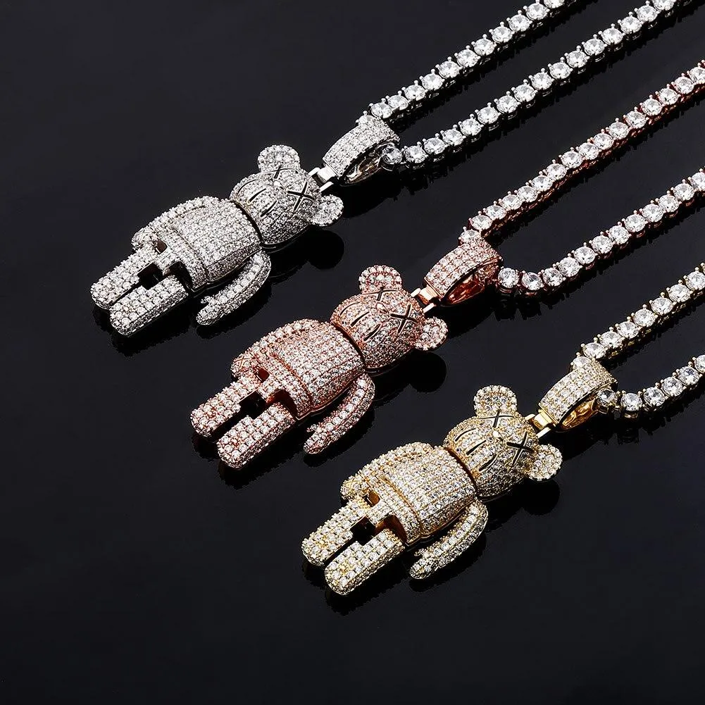 Hip Hop Unisex Iced-out Bling CZ Stone Cartoon Bear Doll Pendant Necklace