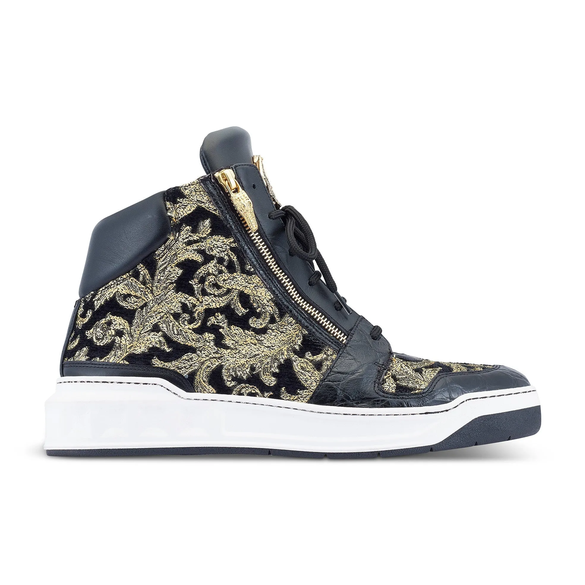 Mauri 24 K 8494 Men's Shoes Black & Gold Exotic Alligator / Damask Fabric / Calf-Skin Leather Casual High-Top Sneakers (MA5497)