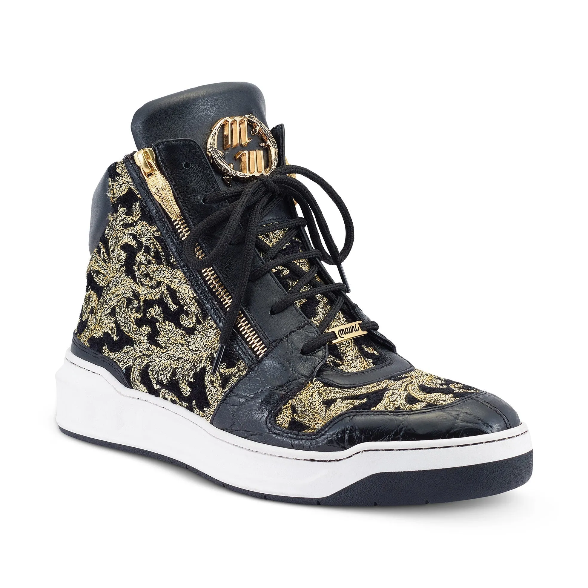 Mauri 24 K 8494 Men's Shoes Black & Gold Exotic Alligator / Damask Fabric / Calf-Skin Leather Casual High-Top Sneakers (MA5497)