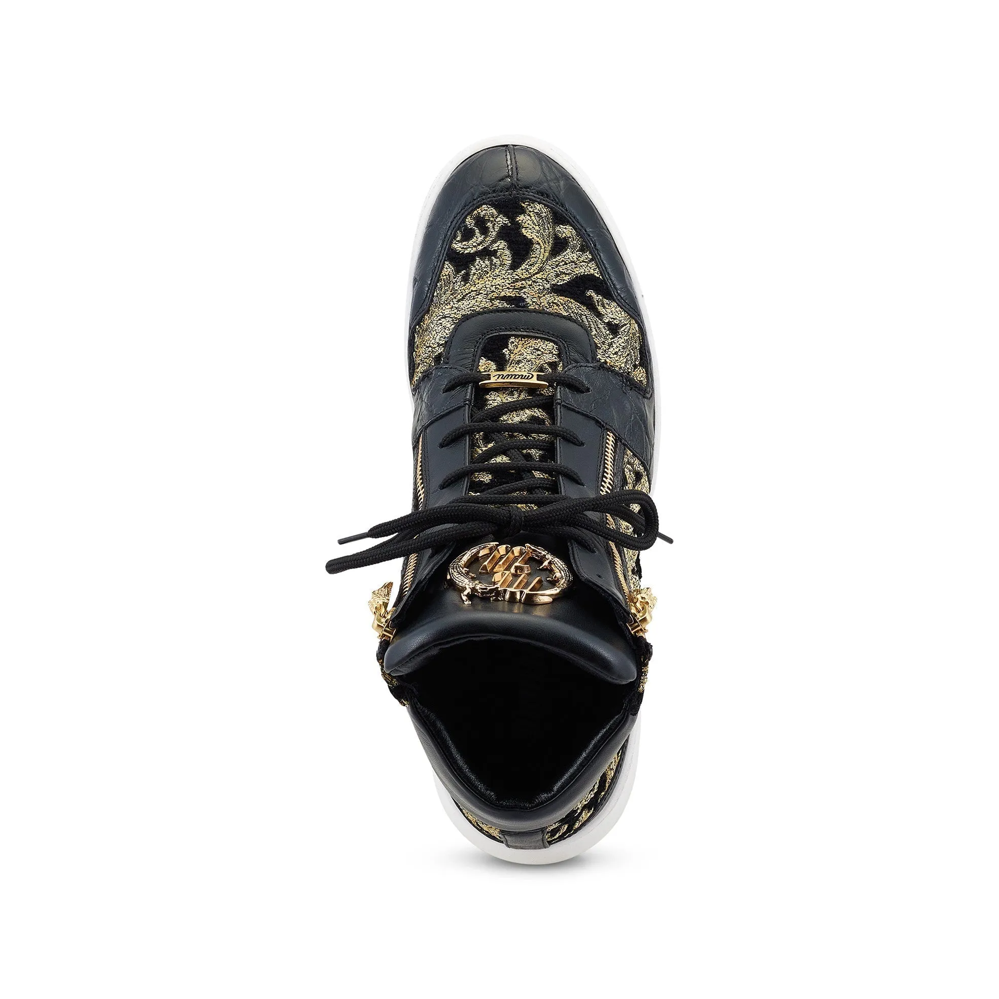 Mauri 24 K 8494 Men's Shoes Black & Gold Exotic Alligator / Damask Fabric / Calf-Skin Leather Casual High-Top Sneakers (MA5497)