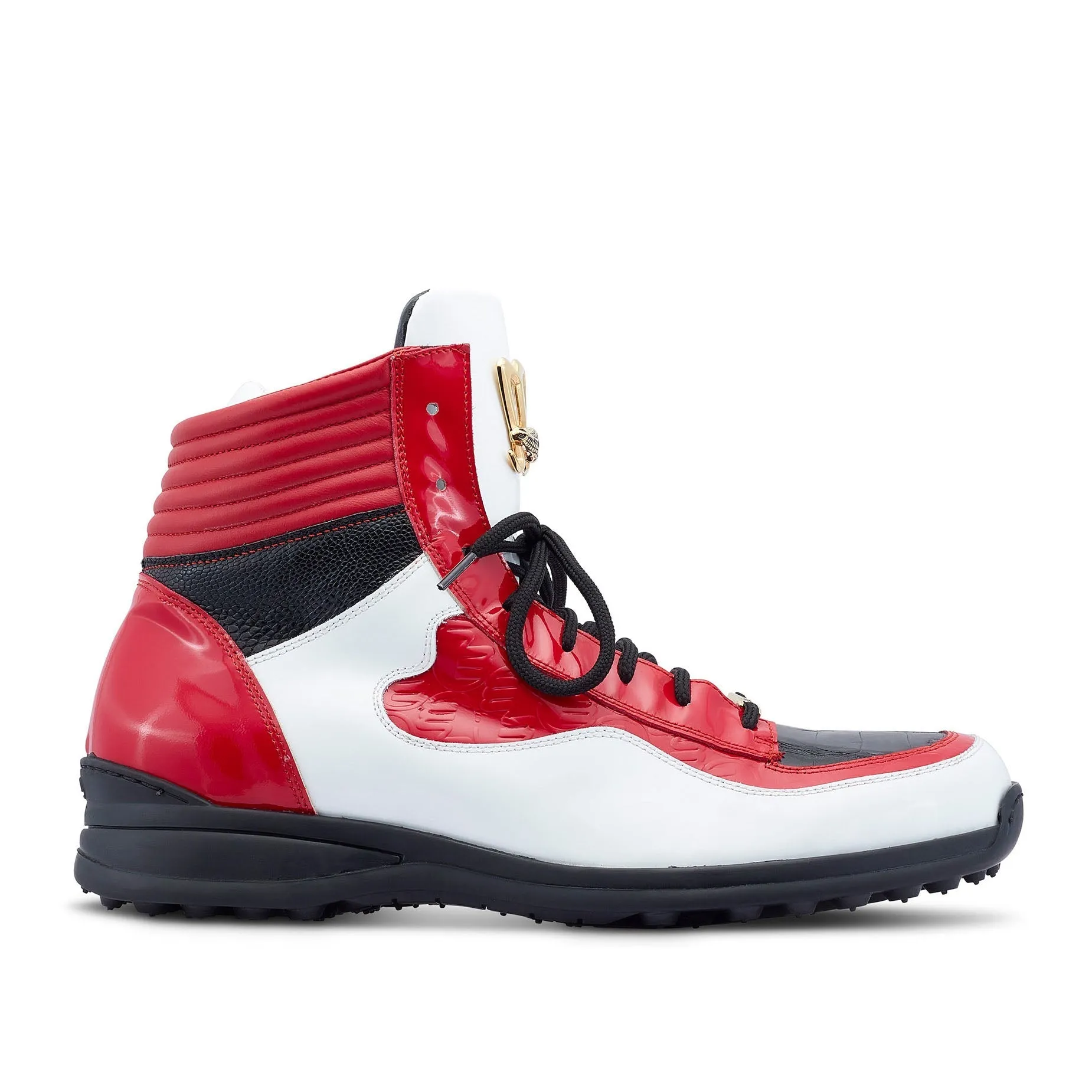 Mauri 8401 Flash Men's Shoes White, Red & Black Exotic Crocodile / Ostrich Leg / Patent Leather High-Top Sneakers (MA5456)