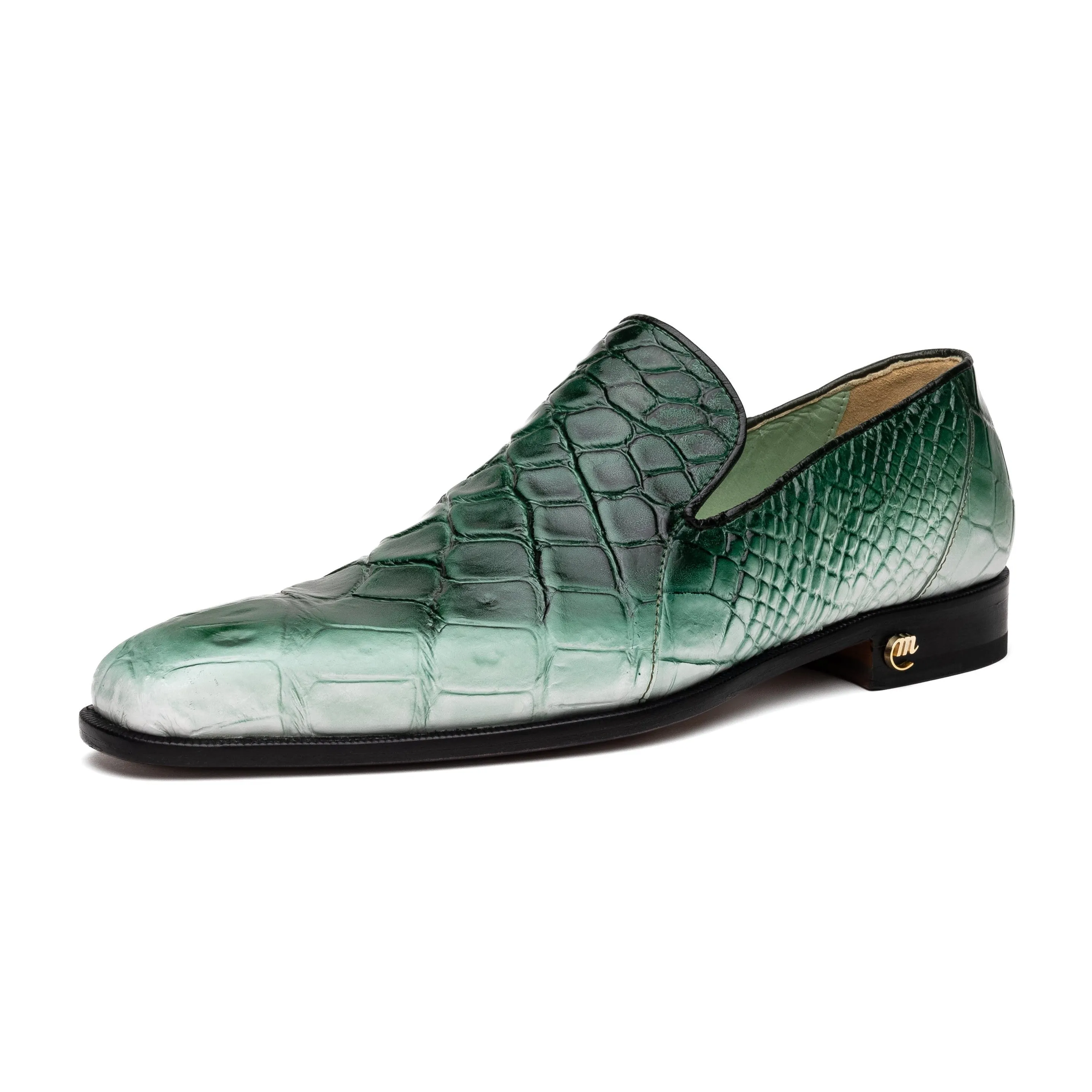 Mauri Montecarlo 1044-3 Men's Shoes White & Brilliant Green Full Body Alligator Slip-On Loafers (MA5597)