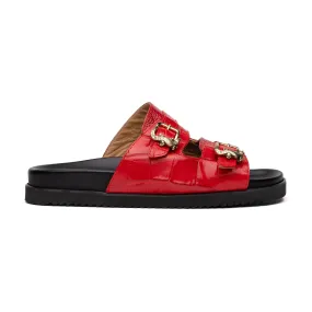 Mauri Reef 5199 Men's Shoes Red Exotic Alligator / Ostrich Leg Slip-on Sandals (MA5605)