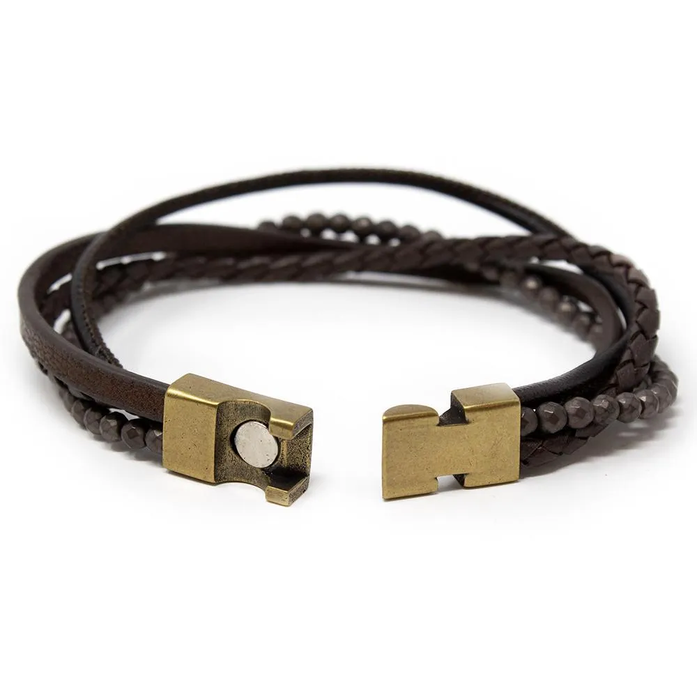 Men's Four Row Braided Leather Bracelet with Bead Brown