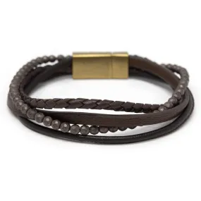 Men's Four Row Braided Leather Bracelet with Bead Brown