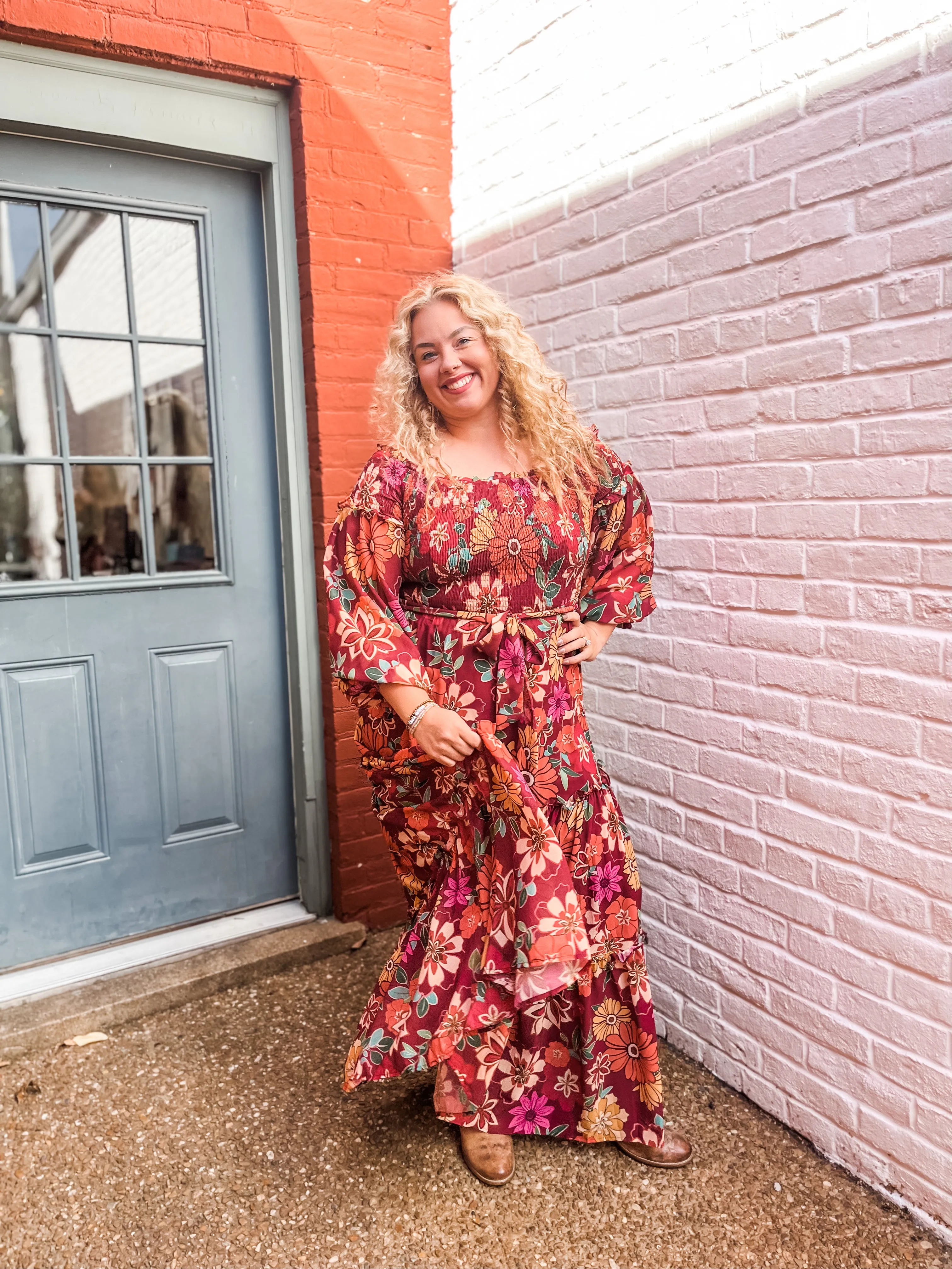 Ornamental Blooms Off Shoulder Maxi Dress