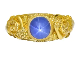 Outstanding Tiffany & Co. Art Nouveau Star Sapphire 18 Karat Gold Bacchantes Unisex Men’s Ring