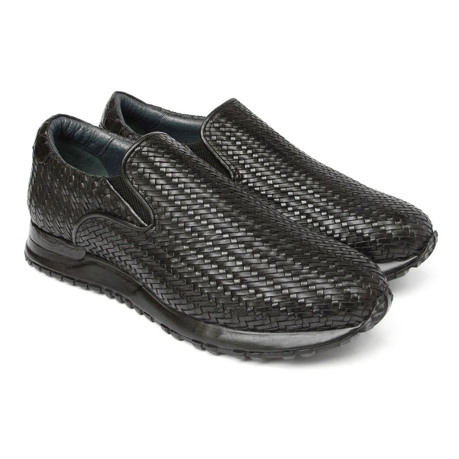 Paul Parkman LW204BLK Men's Shoes Black Woven Leather Slip-On Sneakers (PM6429)