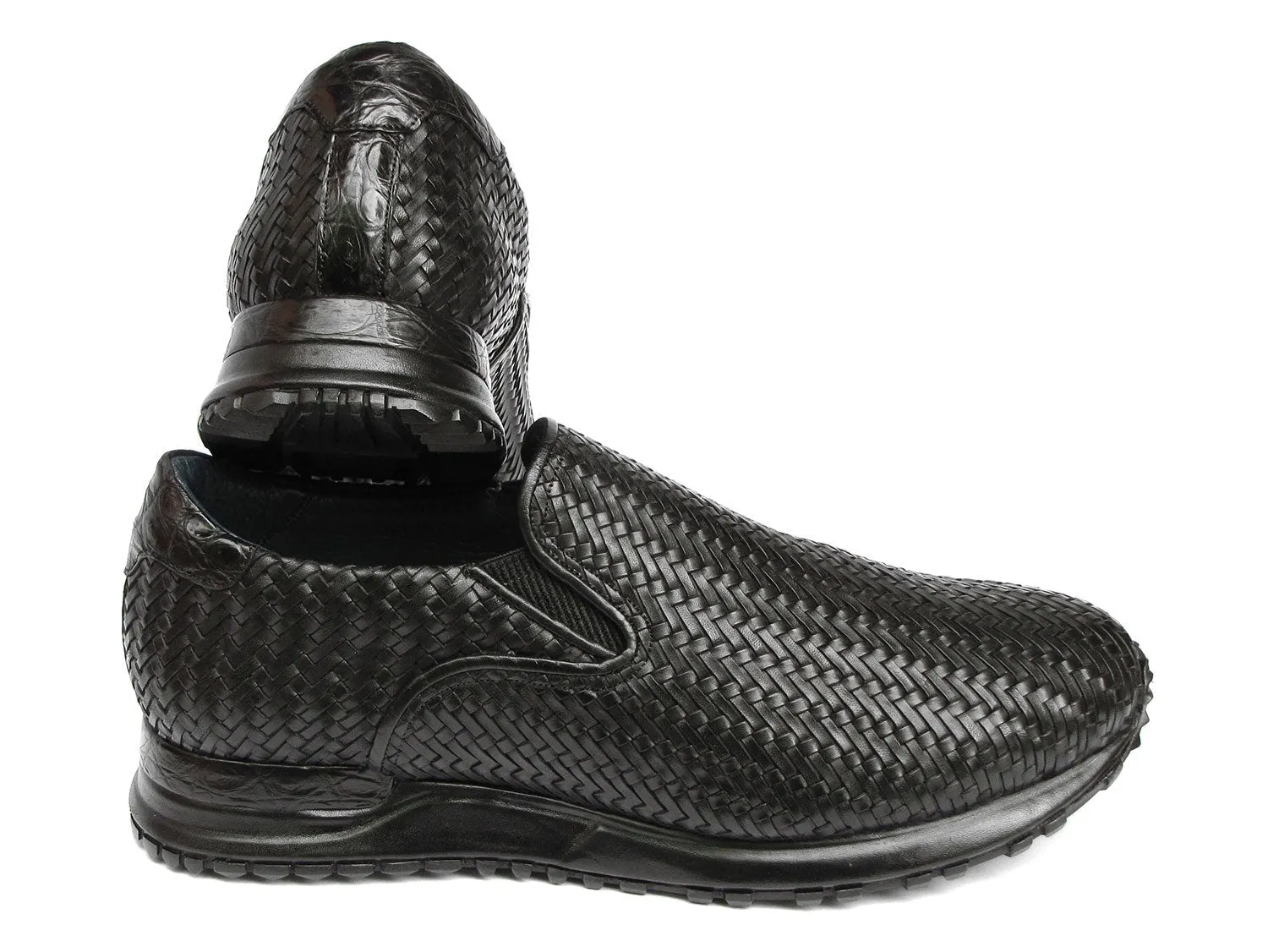 Paul Parkman LW204BLK Men's Shoes Black Woven Leather Slip-On Sneakers (PM6429)