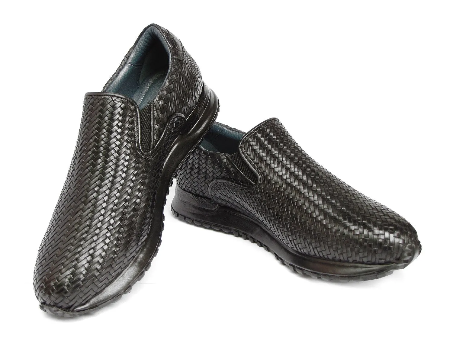 Paul Parkman LW204BLK Men's Shoes Black Woven Leather Slip-On Sneakers (PM6429)