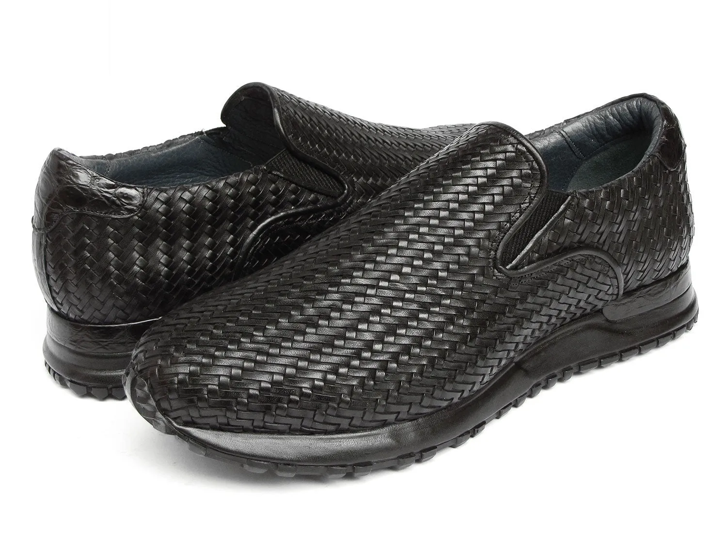 Paul Parkman LW204BLK Men's Shoes Black Woven Leather Slip-On Sneakers (PM6429)