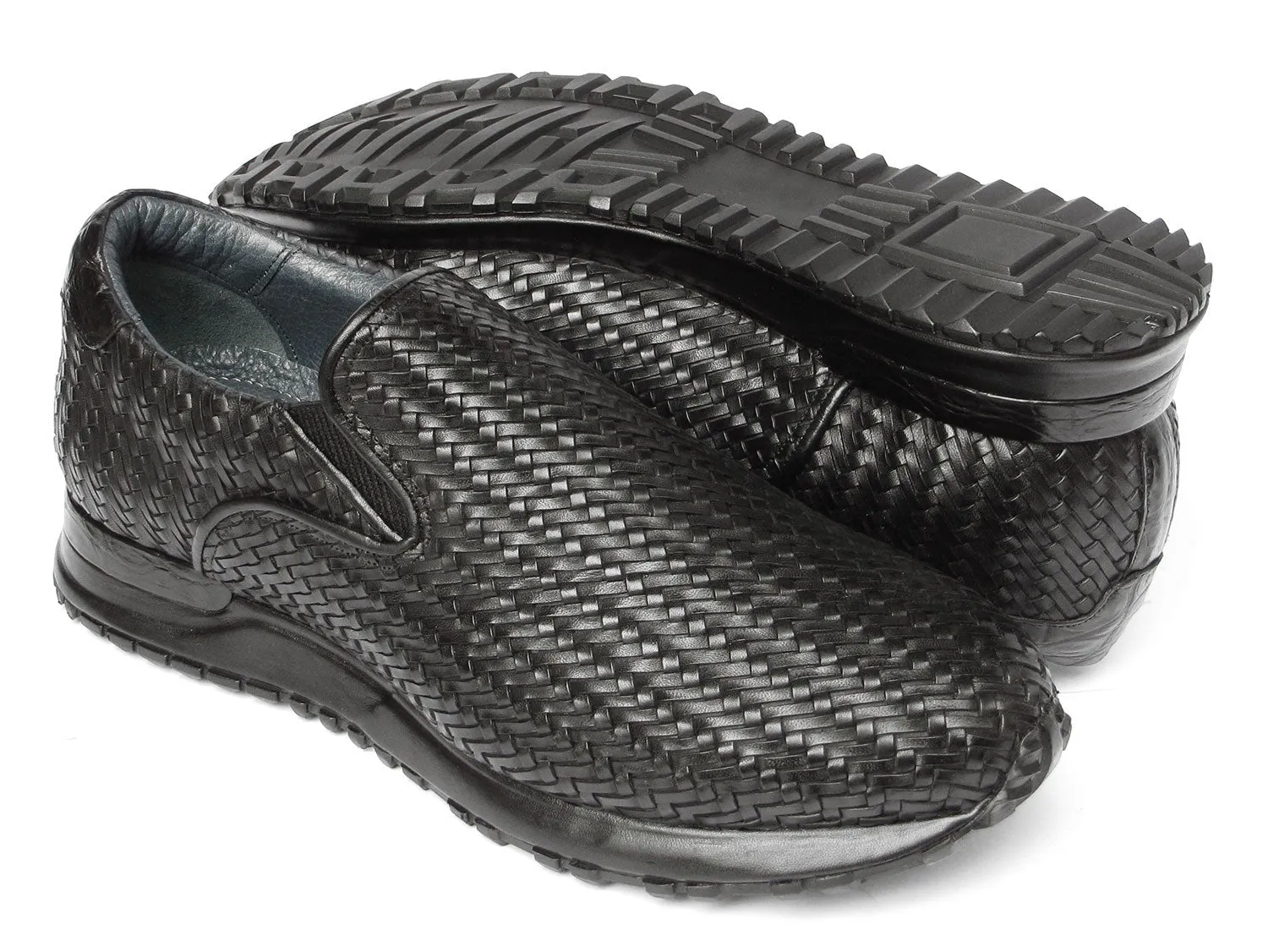 Paul Parkman LW204BLK Men's Shoes Black Woven Leather Slip-On Sneakers (PM6429)