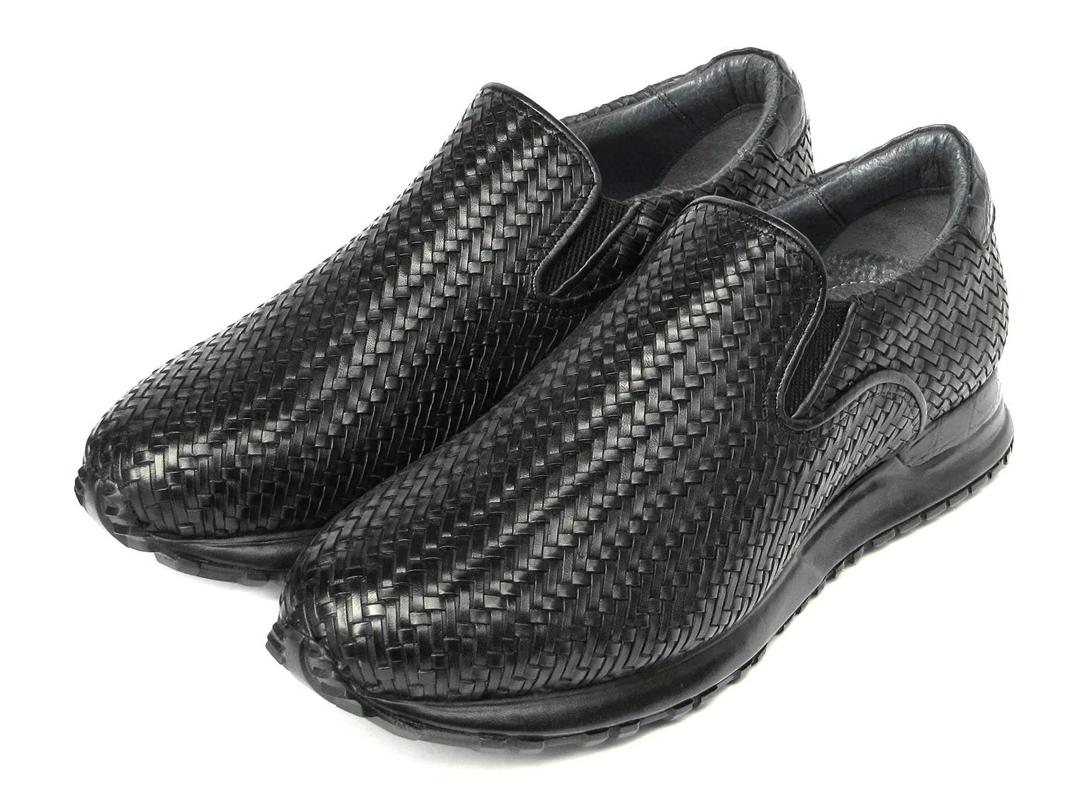 Paul Parkman LW204BLK Men's Shoes Black Woven Leather Slip-On Sneakers (PM6429)