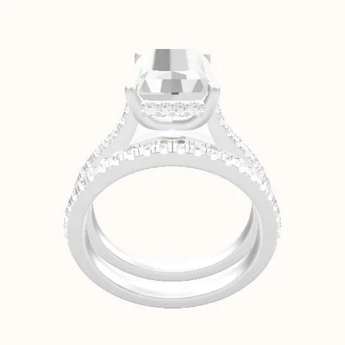 Pave Cathedral Engagement Ring With Low Set Pave  Hidden Halo Head and Matching Band