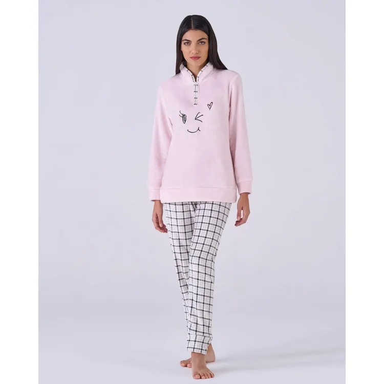 Pigiamiamoci 2972L Gardenia Pigiama Donna Flanella Fleece Check Rosa