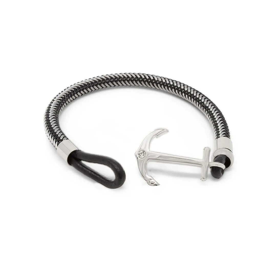 Stainless Steel Anchor Woven Wire Bracelet Black/Grey