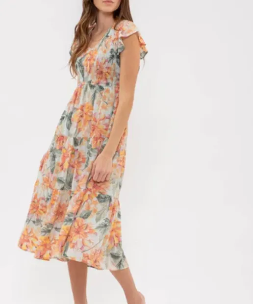 V-Neck Floral Midi Dress - Mint Multi