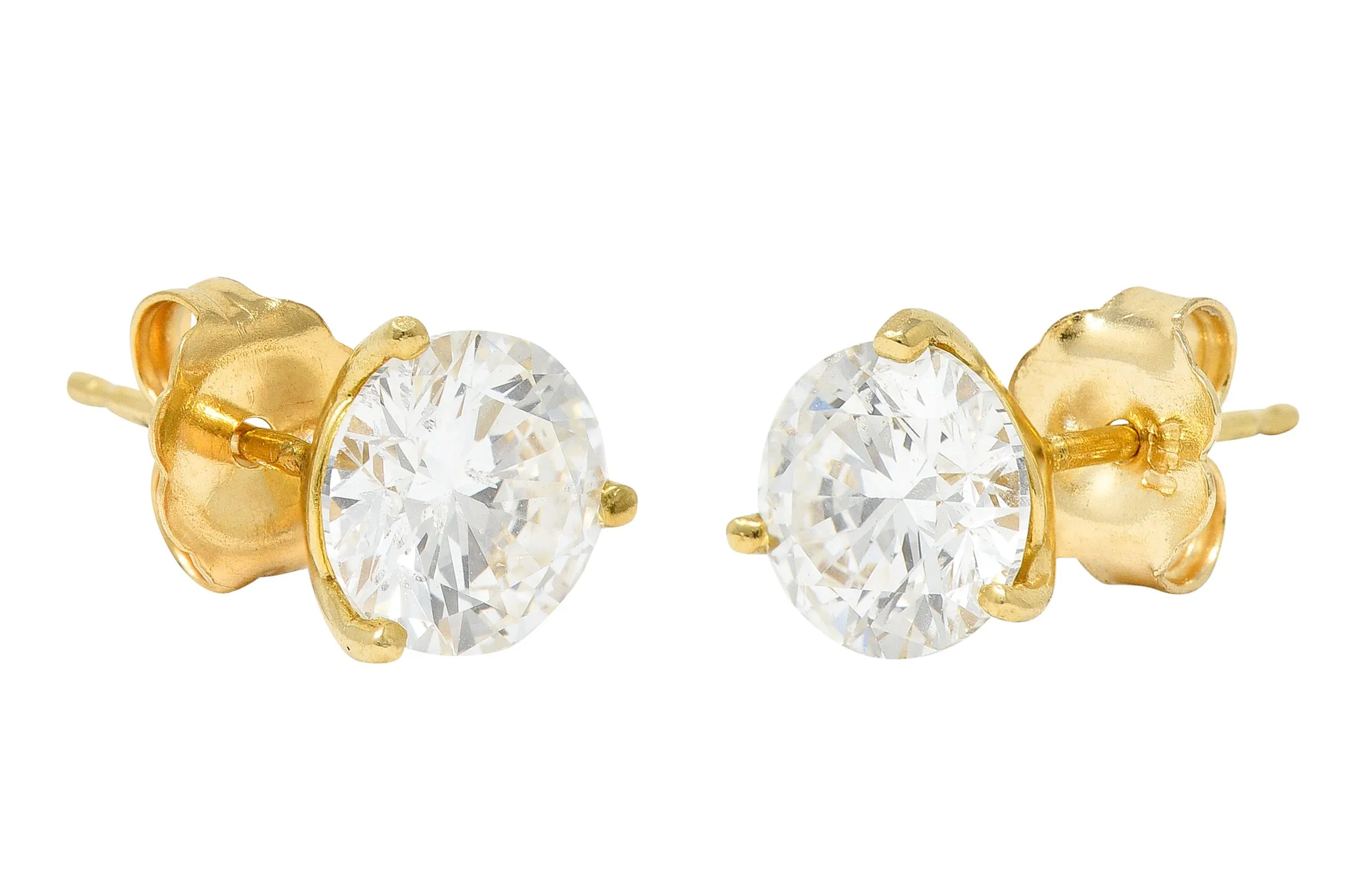 Vintage 1.92 CTW Round Brilliant Diamond 18 Karat Yellow Gold Unisex Stud Earrings