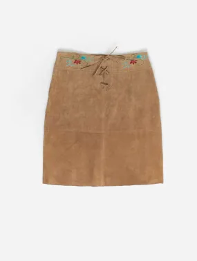 Vintage embroidered suede skirt with tie up detail – Medium / Large