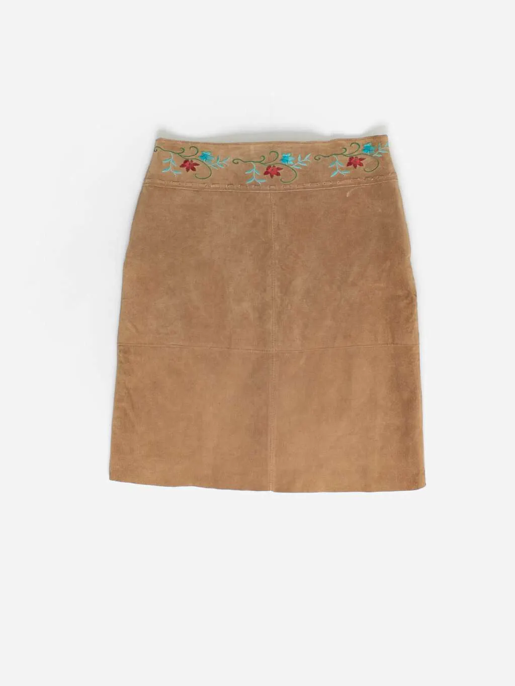 Vintage embroidered suede skirt with tie up detail – Medium / Large